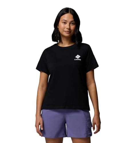 Image of Columbia Women's Rolling Bend Graphic Short Sleeve, Short Sleeve T-Shirt, Black/Stacked Gem Mini, X-Small