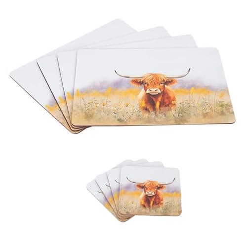 Image of YöL 4 Highland Cow Design Placemats & 4 Coasters Set - Dining Table Surface Protection Food Drink Cork Backing Non-Slip Worktop Saver