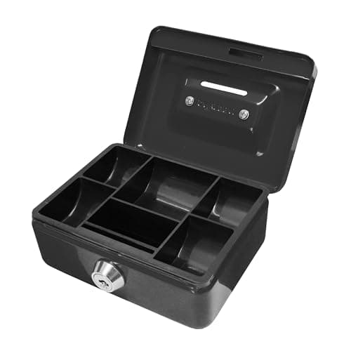 Image of Cathedral Products Key Lockable Cash Box with Lift Out 6 Compartment Coin Tray - 4 Inch - Black