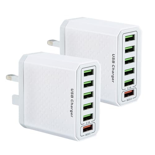 Image of USB Plug Charger, 6-Port USB Fast Charger Plug with 18W Intelligent Quick Charge 3.0 Wall Charger, Multi Power Charging Adapter UK Fast Charging (White, 2pcs)