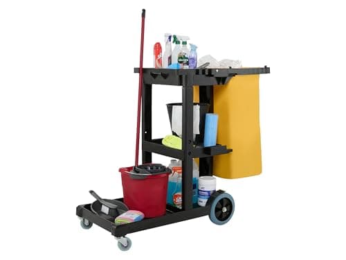 Image of The Workplace Depot Economy Cleaning Cart - Lightweight Black Polythene Janitorial Trolley with Waste Bag, Shelves & Tool Holders for Professional Commercial & Office Use