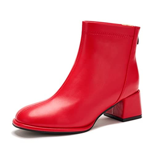 Image of Poorevill Womens Ankle Boots Block Mid High Heel Zippers Ladies Round Toe Casual Party Shoes Booties YA Red Tag 39- UK 6