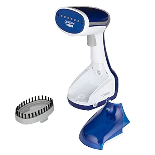 Image of Tower Ceraglide T22014BLU Portable/Travel Garment Steamer with Ceramic Soleplate, Measuring Jug, Brush Attachment, 1000W, Blue and White
