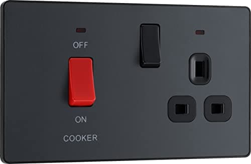Image of BG Electrical Cooker Switch with Socket and LED, Cooker Control Unit, Control Socket, Double Pole, Screwless Front Plate, Evolve, Matt Grey, 45A, PCDMG70B