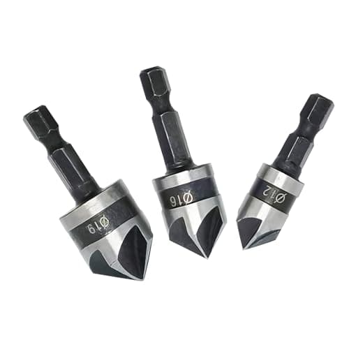 Image of 3-Piece Hex Shank Countersink Drill Bit Set for Woodworking - 12mm, 16mm, 19mm Sizes, 90 Degree Flute, High Carbon Steel