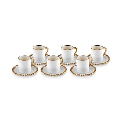 Image of KARACA Boncuk - Bone China Espresso and Turkish Coffee Cup Set for 6, Espresso Cups and Saucers, 80 ml Small Coffee Cups Set 12-Piece - White & Gold