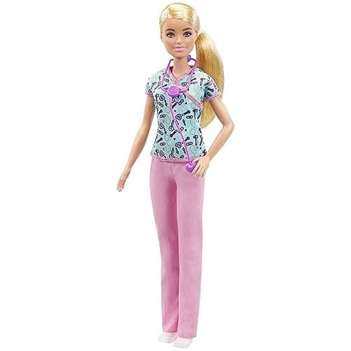 Image of Barbie Nurse Blonde Doll (12-in/30.40-cm) with Scrubs Featuring a Medical Tool Print Top & Pink Pants, White Shoes & StethoscopeAccessory, Great Gift for Ages 3 Years Old & Up, GTW39