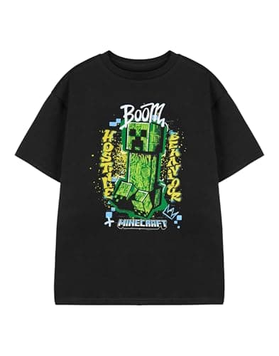 Image of Minecraft Creeper Black Graphic Tee | Boom Hostile Behaviour Short Sleeve T-Shirt for Boys | Casual Crew Neck Top | Iconic Gaming Character Apparel Merchandise