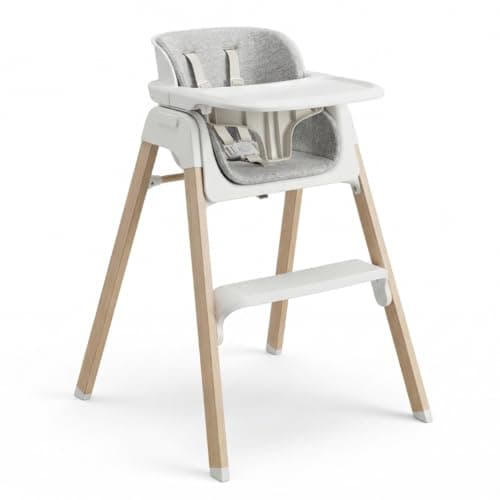 Image of Venture Neyo 2-in-1 Foldable High Chair for Baby and Toddler, Convertible Baby Highchair with Wood Effect Legs, Removable Tray & Cushion, 5 Point Harness, Compact Folding (White)