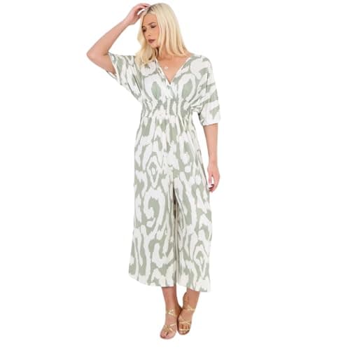Image of Miss Trendy Italian Made Abstract Jumpsuit Shirred Waist V-Neck Short Sleeve Wide Leg Comfortable & Chic One-Size-Fits-All Versatile for Day to Night Sage Green 10-18