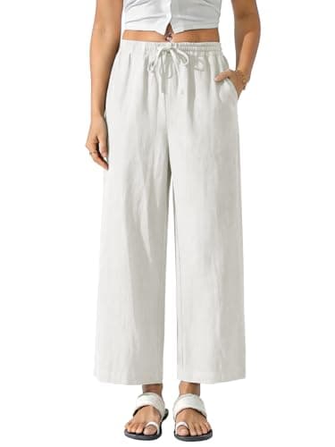Image of ZANZEA Wide Leg Cotton Trousers for Women Summer Casual Cropped Pants Loose Elasticated Waist Trousers with Pockets White XL