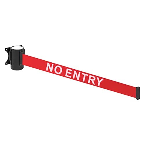 Image of The Workplace Depot Wall Mounted Retractable Belt Barrier – Red 4.6m Webbing with Black Powder Coated Case and Safety Brake – Ideal for Receptions, Retail, Office Entrances and Corridors ('No Entry')