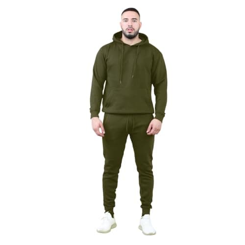 Image of Mens Tracksuit Set Fleece Hoodie Top Bottoms Jogging Joggers Gym Pullover (UK, Alpha, XL, Regular, Regular, Olive)