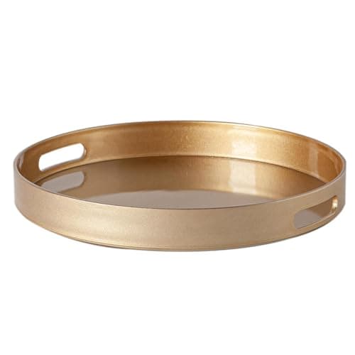 Image of Argon Tableware 33cm Round Serving Tray with Handles - Gold - Metallic Finish Decorative Breakfast Tray Melamine Food Tray for Eating, Snacks, Drinks, Food Serving