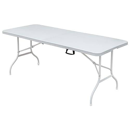 Image of FUNJEPE 6ft Plastic Folding Table Portable Heavy Duty White Dining Table Fold-in-Half for Camp Party Garden Dinner Kitchen Work Indoor Outdoor Top Table (6ft)