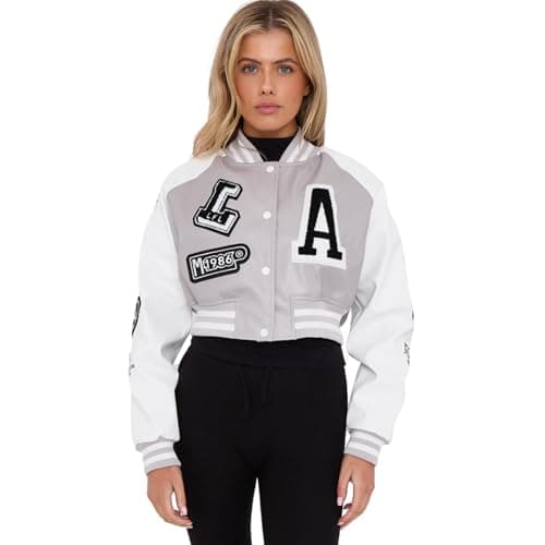 Image of janisramone® Cropped Leather Jacket for Women With Letter Details on Arms and Front, Faux Leather Varsity Baseball Bomber Jacket Women for Sports and Casual Wear