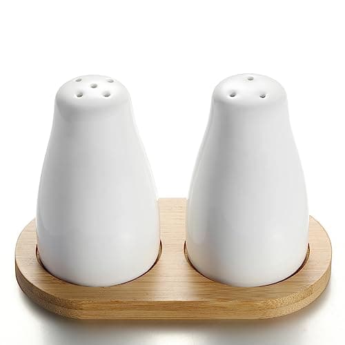 Image of UDQYQ Ceramic Salt and Pepper Shakers Set with Bamboo Tray,2 PCS Modern White Salt & Pepper Shakers,Cute Salt Shaker Pepper Pots for Farmhouse Kitchen Table Décor