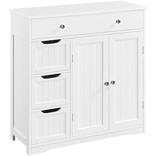 Image of Yaheetech Bathroom Floor Cabinet Bathroom Storage Cabinet Free Standing Bathroom Storage Unit with 4 Drawers & 2 Doors, Adjustable Shelf, 30 x 80 x 81.5 cm, White