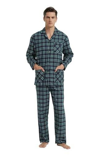 Image of GLOBAL Mens Pyjama Sets | 100% Cotton Soft Flannel Pjs | Long-Sleeve Top Elastic and Drawstring Bottoms