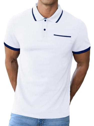 Image of QIXING Men's Cotton Polo Shirt Short Sleeve Classic Golf T-Shirt Casual Sport Top with Pocket UK White L