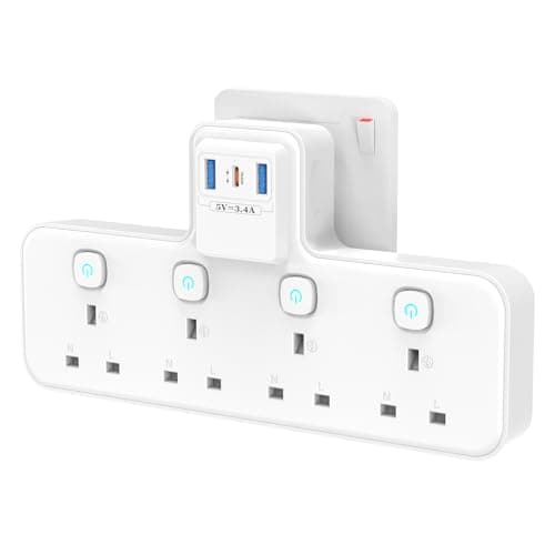 Image of Plug Extension Socket with PD20W USB C Slot, 4 Way Multi Plug Adapter with Independent Switches 3 USB, PASSUS 13A 3250W UK Wall Adaptor Surge Protector for Home, Office, Kitchen, White