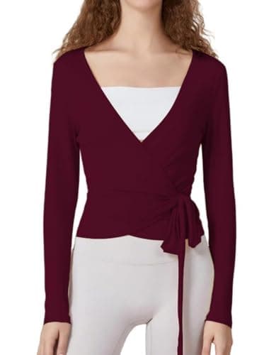 Image of Geagodelia Long Sleeve Wrap Over Tops for Women Front Tie Slim Fitted Deep V-Neck Cross Wrap Around Tops Workout Pilates Ballet Yoga Gym Sports Tops (Burgundy, M)