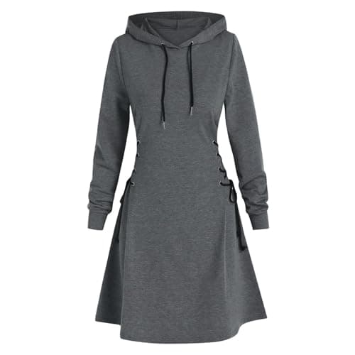 Image of Women's Hoodie Dress Long Sleeve Lace Up Side Drawstring Hooded Sweatshirt Dress Ladies Plus Size Gothic Dress Fall Winter Casual Pullover Dress with Pocket Loose Long Hoodie Sportswear Tops