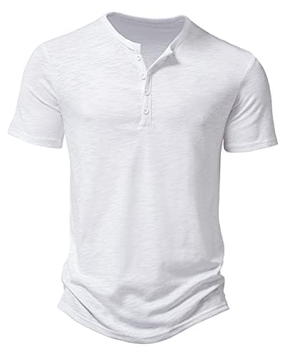 Image of Men's Casual Grandad Collar Henley T Shirt Muscle Fit Summer Smart Short Sleeve 4 Buttons Tee Slim Fitted Collarless Polo T-Shirts Tops-White-L