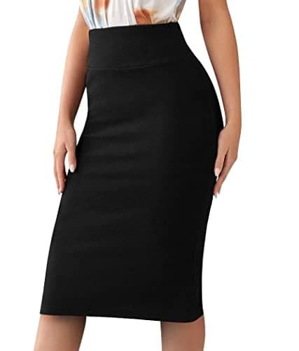 Image of Sweet Hearts Women’s Basic Stretch Pencil Skirt- Regular & Plus Size- Below Knee Office Midi Bodycon Nylon Skirt Made in USA, Black, Large