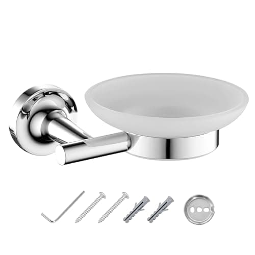 Image of JASSFERRY Wall Mounted Soap Dish Holder Frosted Glass Shower Shampoo Bar Holder Storage Tray Bathroom Accessories Set Chrome