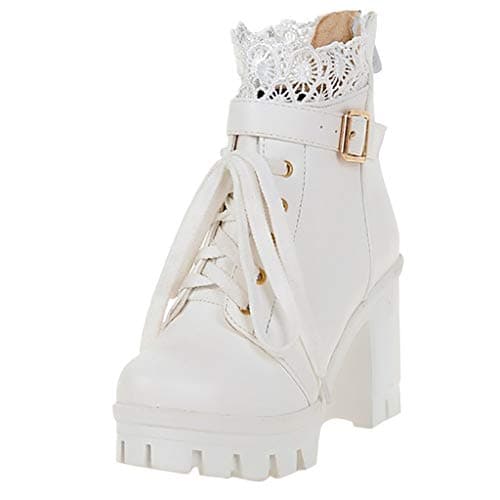 Image of Generisch Lace Women's Up Student Heel Fashion Boots Thick Ankle Platform Shoes High Lace Women's Boots, White, 6 UK