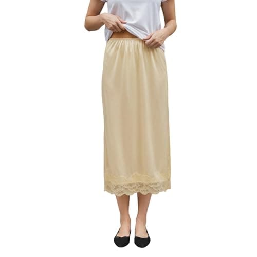 Image of Edhomenn Women's Satin Half Slips Solid Color Inner Midi Skirt Ladies Petticoats Under Dresses (20 Yellow, S)