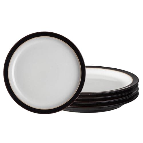 Image of Denby - Elements Medium Black Plates Set of 4 - Dishwasher Microwave Safe Crockery 22cm - Black, White Ceramic Stoneware Tableware - Chip & Crack Resistant Lunch Plates