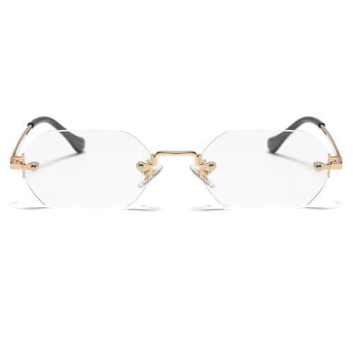 Image of Ggpyyon Retro Rimless Sunglasses Rectangle Frameless Women Men Vintage 90s Small Glasses Polygon Sun Glasses(Gold/Clear)