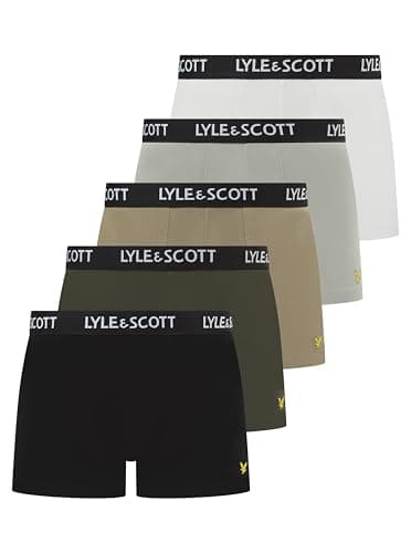 Image of Lyle & Scott Men’s Miller 5 Pack Cotton Trunk Boxer Shorts - Comfortable Stretch Fabric with Branded Waistband (UK, Alpha, S, Regular, Regular, Bright White/Mirage Grey/Silver Sage/Beetle/Black)