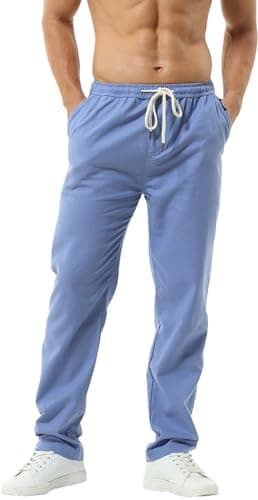 Image of Hoerev Men Casual Beach Trousers Linen Trousers Pants Lightblue