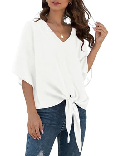 Image of YGJIEGENG Women's Chiffon Blouse Summer Casual Elegant 3/4 Batwing Sleeve V Neck Tunic Shirt Ladies Tops White L
