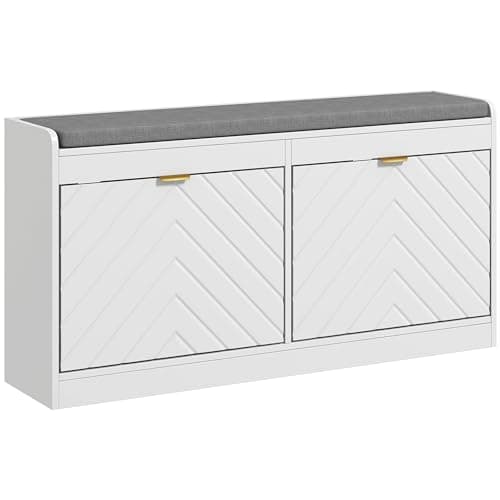 Image of HOMCOM Shoe Storage Bench, Narrow Shoe Cabinet with 2 Flip Drawers, Seating Cushion and 4 Vents for Entryway, Hallway, for 8 Pairs of Shoes, White