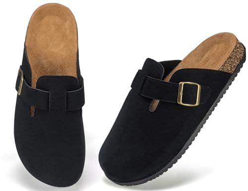 Image of LANGDU Mens Womens Suede Clogs Mules Arch Support Closed Toe Garden Sandals,Black,9 UK