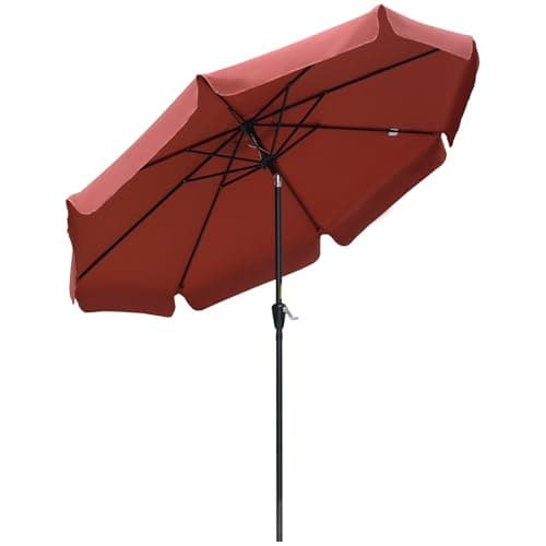 Image of Outsunny 2.7m Patio Parasol Garden Umbrellas with Aluminium Pole, UPF 50+ Outdoor Sun Shade Table Umbrella with Tilt, Crank, 8 Ribs, Ruffles, Wine Red