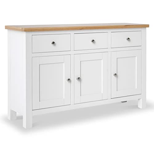 Image of RoselandFurniture Farro White Sideboard for Living Room Large Storage Cabinet with Oak Top | Fully Assembled Painted 3 Door Solid Wooden Cupboard with 3 Drawers for Hallway or Dining Room