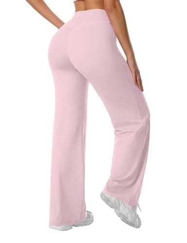 Image of Rapbin Yoga Pants for Women Wide Leg High Waist Straight Trousers No Front Seam Stretchy Flared Casual Leggings for Gym Yoga Lounge Pink M