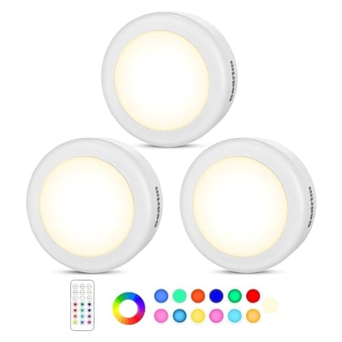 Image of Under Cabinet Lights RGB Wireless Lights LED Closet Lights Night 3000K Dimmable 3pc Cadrim 13 Colors Changing Remote Control Brightness Adjustable Timer Battery Powered Light Kitchen Wardrobe Cupboard