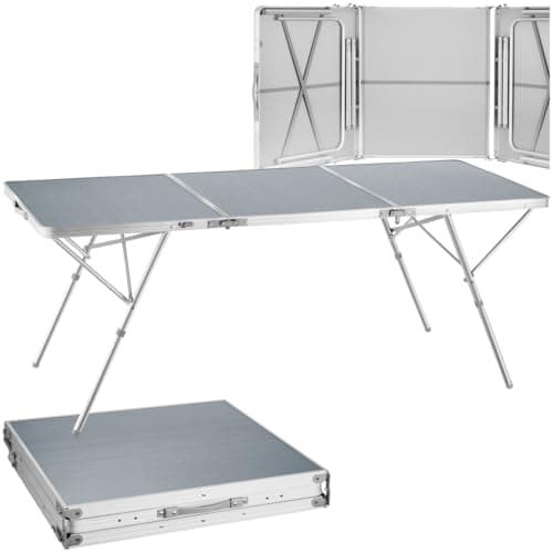 Image of tectake® Folding Camping Table - Aluminium Frame & Weatherproof Surface, Adjustable Feet, Quick Assembly & Side Handle for Easy Transport - 180x70x70.5cm Garden Table for BBQ, Picnic & Party - Grey