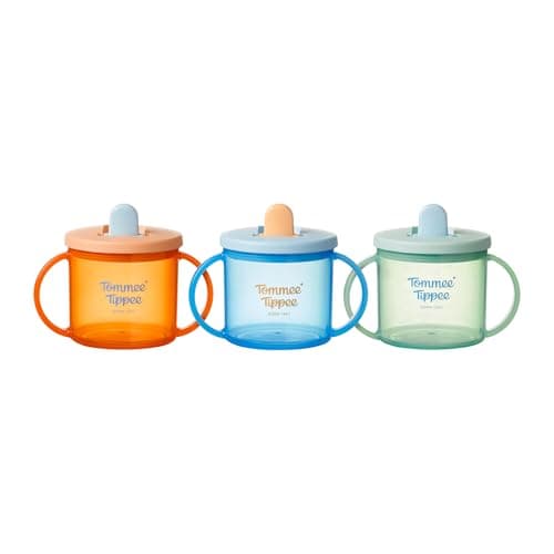 Image of Tommee Tippee First Cup, 190ml, Non-Spill Sippy Cup for Babies 4 Months+, with Free-Flow Flip-Down Spout and Easy to Hold Handles, Orange, Blue and Green, 3 Pack