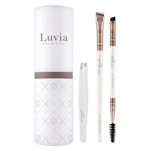 Image of Luvia Cosmetics Prime Brow Kit, Vegan Eyebrow Brush Set, Makeup Brush & Tweezers, 3 Brushes, Pearl