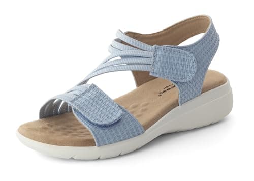 Image of Cushion Walk Extra Wide EEE Fit Sandals for Women, Adjustable Double Touch Fastening Straps Low Wedge with Extra Thick Cushioned Insole, Ladies Comfort Strappy Summer Shoes - Size 5 UK, Blue