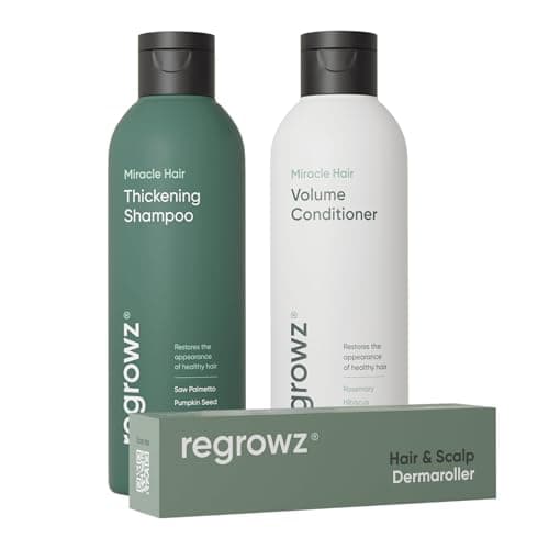 Image of Regrowz Miracle Hair Care Gift Set - Hair Thickening Shampoo (225ml), Volume Conditioner (200ml), and Hair & Scalp Derma Roller - Infused with Biotin for Enhanced Hair Growth, Volume, and Vitality