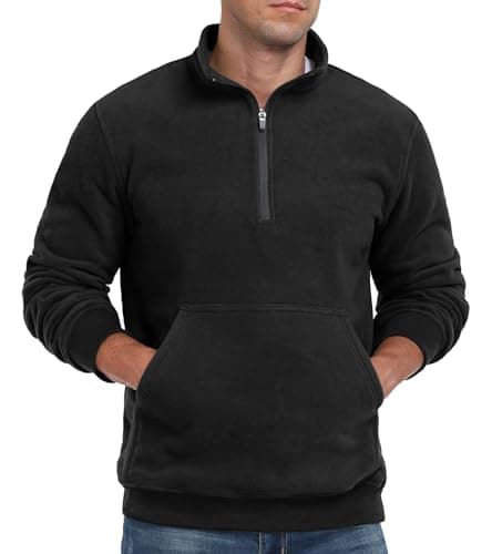 Image of QIXING Mens Oversized Half Zip Sweatshirt Polar Fleece Pullover with Turtleneck and Ribbed Edges - Warm Soft Jumper Top for UK(Black, L)