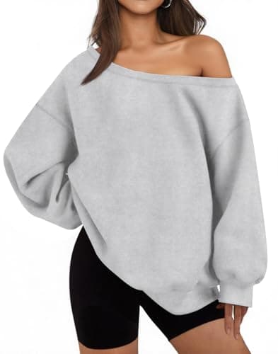 Image of BONITEE Women Casual Long Sleeve Sweatshirts 2026 Fall Off Shoulder Pullover Sexy One Shoulder Tops Cute Loose Hoodies Flower-Grey,S